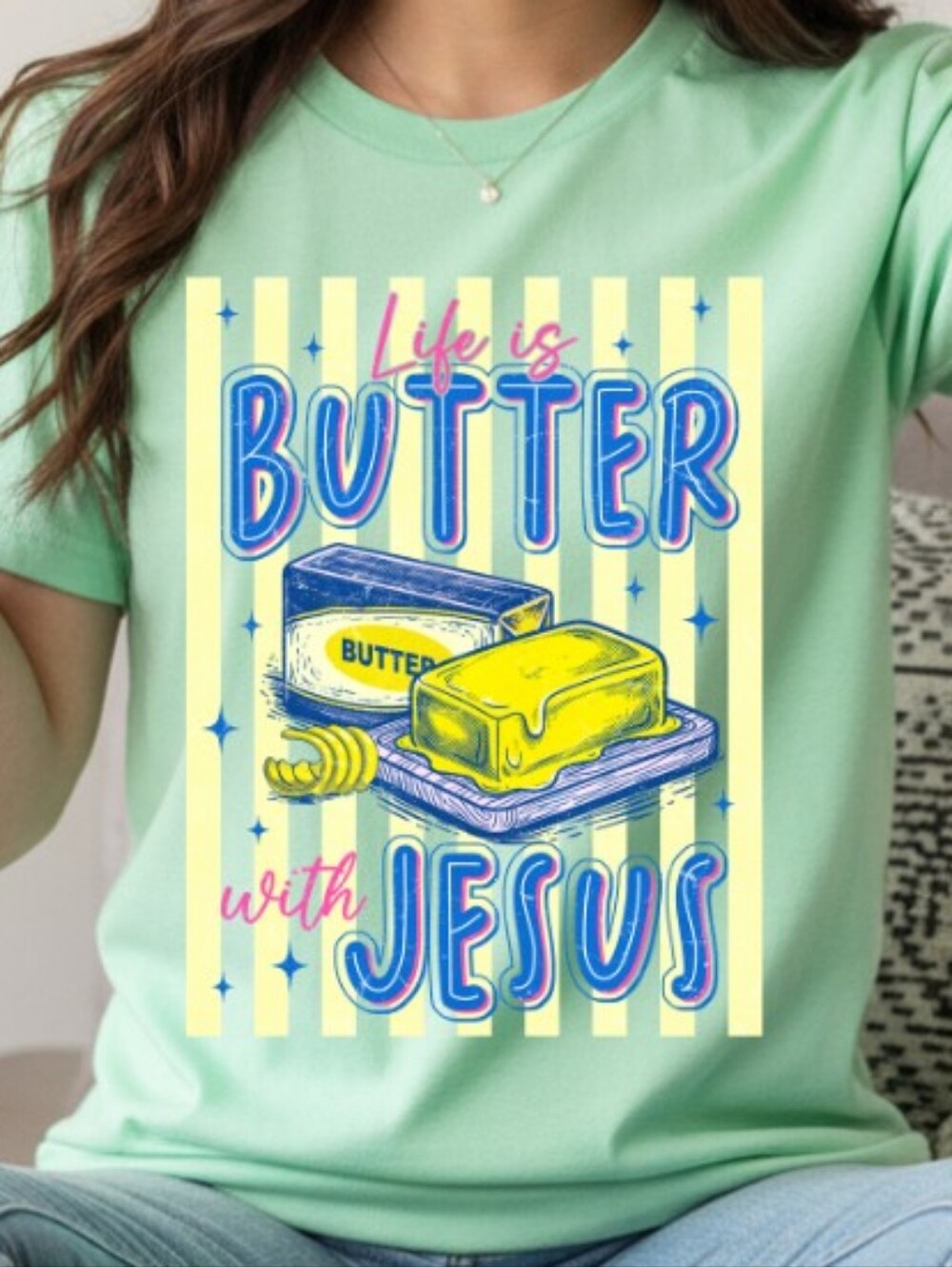 Gildan Mint Green Tee with Yellow Butter Graphic